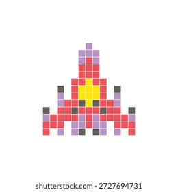 Um design de pixel plano feito de blocos de cores quadradas geométricas em um layout de ícone limpo. Adequado para elementos criativos modernos, itens isolados ou projetos de artesanato brilhante. Pixel art nave espacial