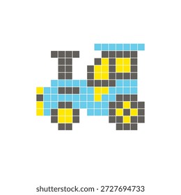 A flat pixel design made of geometric square color blocks on a clean icon layout. Suitable for creative modern elements, isolated items, or bright craft projects. Pixel art tractor