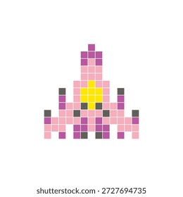 Um design de pixel plano feito de blocos de cores quadradas geométricas em um layout de ícone limpo. Adequado para elementos criativos modernos, itens isolados ou projetos de artesanato brilhante. Pixel art nave espacial