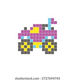 Um design de pixel plano feito de blocos de cores quadradas geométricas em um layout de ícone limpo. Adequado para elementos criativos modernos, itens isolados ou projetos de artesanato brilhante. Caminhão monstro arte pixel