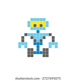 Um design de pixel plano feito de blocos de cores quadradas geométricas em um layout de ícone limpo. Adequado para elementos criativos modernos, itens isolados ou projetos de artesanato brilhante. Robô Pixel Art