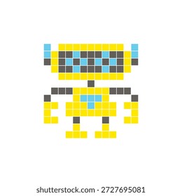 Un diseño de píxeles planos hecho de bloques geométricos de color cuadrado en un diseño de icono limpio. Conveniente para los Elementos modernos creativos, los artículos aislados, o los proyectos brillantes del arte. Robot de arte de píxeles