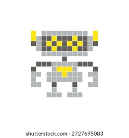 Um design de pixel plano feito de blocos de cores quadradas geométricas em um layout de ícone limpo. Adequado para elementos criativos modernos, itens isolados ou projetos de artesanato brilhante. Robô Pixel Art