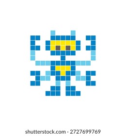 Um design de pixel plano feito de blocos de cores quadradas geométricas em um layout de ícone limpo. Adequado para elementos criativos modernos, itens isolados ou projetos de artesanato brilhante. Robô Pixel Art