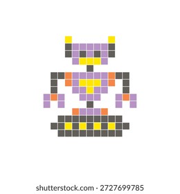 Um design de pixel plano feito de blocos de cores quadradas geométricas em um layout de ícone limpo. Adequado para elementos criativos modernos, itens isolados ou projetos de artesanato brilhante. Robô Pixel Art