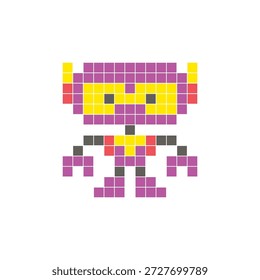 Um design de pixel plano feito de blocos de cores quadradas geométricas em um layout de ícone limpo. Adequado para elementos criativos modernos, itens isolados ou projetos de artesanato brilhante. Robô Pixel Art