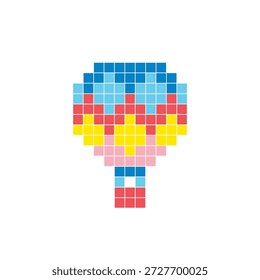Ein flaches Pixeldesign aus geometrischen quadratischen Farbblöcken auf einem sauberen Symbollayout. Geeignet für kreative moderne Elemente, Einzelstücke oder helle Handwerksprojekte. Pixel Art Heißluftballon