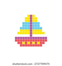 Um design de pixel plano feito de blocos de cores quadradas geométricas em um layout de ícone limpo. Adequado para elementos criativos modernos, itens isolados ou projetos de artesanato brilhante. Barco de arte Pixel