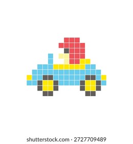 Un diseño de píxeles planos hecho de bloques geométricos de color cuadrado en un diseño de icono limpio. Conveniente para los Elementos modernos creativos, los artículos aislados, o los proyectos brillantes del arte. Pixel art race coche y conductor