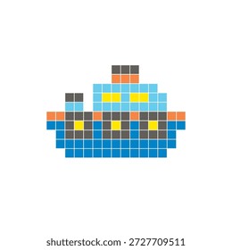 Um design de pixel plano feito de blocos de cores quadradas geométricas em um layout de ícone limpo. Adequado para elementos criativos modernos, itens isolados ou projetos de artesanato brilhante. Pixel art ship