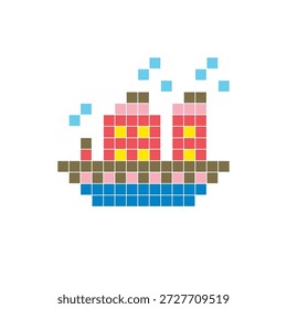 Um design de pixel plano feito de blocos de cores quadradas geométricas em um layout de ícone limpo. Adequado para elementos criativos modernos, itens isolados ou projetos de artesanato brilhante. Pixel art ship