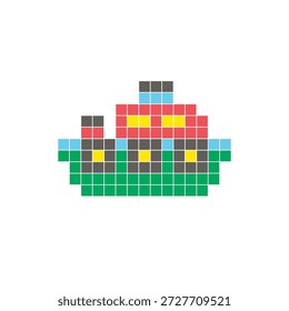 Um design de pixel plano feito de blocos de cores quadradas geométricas em um layout de ícone limpo. Adequado para elementos criativos modernos, itens isolados ou projetos de artesanato brilhante. Pixel art ship