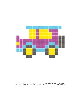Ein flaches Pixeldesign aus geometrischen quadratischen Farbblöcken auf einem sauberen Symbollayout. Geeignet für kreative moderne Elemente, Einzelstücke oder helle Handwerksprojekte. Pixel art classic car