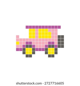 Ein flaches Pixeldesign aus geometrischen quadratischen Farbblöcken auf einem sauberen Symbollayout. Geeignet für kreative moderne Elemente, Einzelstücke oder helle Handwerksprojekte. Pixel art classic car