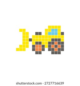 A flat pixel design made of geometric square color blocks on a clean icon layout. Suitable for creative modern elements, isolated items, or bright craft projects. Pixel art bulldozer
