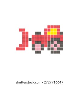A flat pixel design made of geometric square color blocks on a clean icon layout. Suitable for creative modern elements, isolated items, or bright craft projects. Pixel art bulldozer