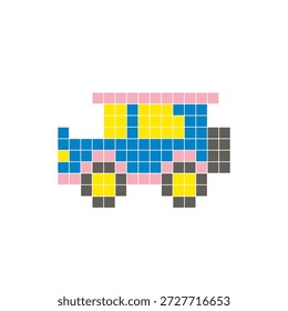 Ein flaches Pixeldesign aus geometrischen quadratischen Farbblöcken auf einem sauberen Symbollayout. Geeignet für kreative moderne Elemente, Einzelstücke oder helle Handwerksprojekte. Pixel art classic car