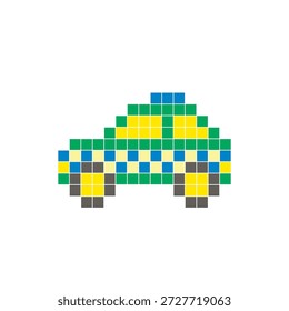 Um design de pixel plano feito de blocos de cores quadradas geométricas em um layout de ícone limpo. Adequado para elementos criativos modernos, itens isolados ou projetos de artesanato brilhante. Pixel art táxi