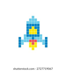 Um design de pixel plano feito de blocos de cores quadradas geométricas em um layout de ícone limpo. Adequado para elementos criativos modernos, itens isolados ou projetos de artesanato brilhante. Foguete de arte Pixel