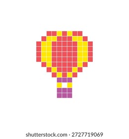 Um design de pixel plano feito de blocos de cores quadradas geométricas em um layout de ícone limpo. Adequado para elementos criativos modernos, itens isolados ou projetos de artesanato brilhante. Balão de ar quente Pixel art