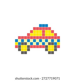 Um design de pixel plano feito de blocos de cores quadradas geométricas em um layout de ícone limpo. Adequado para elementos criativos modernos, itens isolados ou projetos de artesanato brilhante. Pixel art táxi
