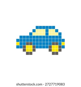 A flat pixel design made of geometric square color blocks on a clean icon layout. Suitable for creative modern elements, isolated items, or bright craft projects. Pixel art car
