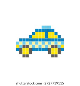Ein flaches Pixeldesign aus geometrischen quadratischen Farbblöcken auf einem sauberen Symbollayout. Geeignet für kreative moderne Elemente, Einzelstücke oder helle Handwerksprojekte. Pixel Art Taxi
