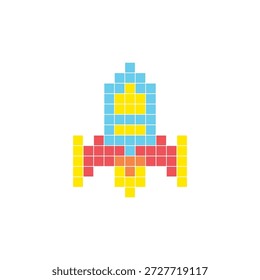 A flat pixel design made of geometric square color blocks on a clean icon layout. Suitable for creative modern elements, isolated items, or bright craft projects. Pixel art rocket