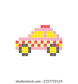 Um design de pixel plano feito de blocos de cores quadradas geométricas em um layout de ícone limpo. Adequado para elementos criativos modernos, itens isolados ou projetos de artesanato brilhante. Pixel art táxi