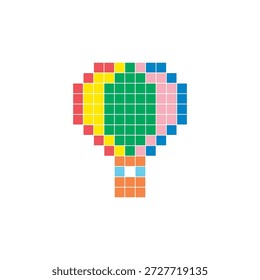 Un diseño de píxeles planos hecho de bloques geométricos de color cuadrado en un diseño de icono limpio. Conveniente para los Elementos modernos creativos, los artículos aislados, o los proyectos brillantes del arte. Globo de aire caliente del arte del pixel