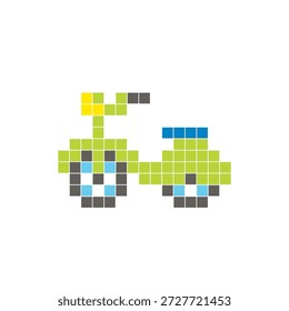Um design de pixel plano feito de blocos de cores quadradas geométricas em um layout de ícone limpo. Adequado para elementos criativos modernos, itens isolados ou projetos de artesanato brilhante. Pixel arte scooter