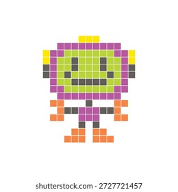 Um design de pixel plano feito de blocos de cores quadradas geométricas em um layout de ícone limpo. Adequado para elementos criativos modernos, itens isolados ou projetos de artesanato brilhante. Robô Pixel Art