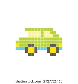 Um design de pixel plano feito de blocos de cores quadradas geométricas em um layout de ícone limpo. Adequado para elementos criativos modernos, itens isolados ou projetos de artesanato brilhante. Carro de arte Pixel