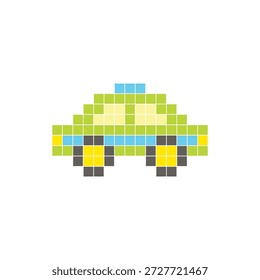 Um design de pixel plano feito de blocos de cores quadradas geométricas em um layout de ícone limpo. Adequado para elementos criativos modernos, itens isolados ou projetos de artesanato brilhante. Pixel art táxi