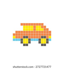 Um design de pixel plano feito de blocos de cores quadradas geométricas em um layout de ícone limpo. Adequado para elementos criativos modernos, itens isolados ou projetos de artesanato brilhante. Carro de arte Pixel
