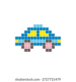 A flat pixel design made of geometric square color blocks on a clean icon layout. Suitable for creative modern elements, isolated items, or bright craft projects. Pixel art taxi