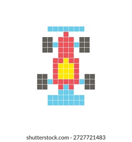 A flat pixel design made of geometric square color blocks on a clean icon layout. Suitable for creative modern elements, isolated items, or bright craft projects. Pixel art race car