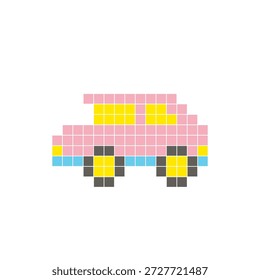 Um design de pixel plano feito de blocos de cores quadradas geométricas em um layout de ícone limpo. Adequado para elementos criativos modernos, itens isolados ou projetos de artesanato brilhante. Carro de arte Pixel