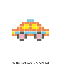 Um design de pixel plano feito de blocos de cores quadradas geométricas em um layout de ícone limpo. Adequado para elementos criativos modernos, itens isolados ou projetos de artesanato brilhante. Pixel art táxi