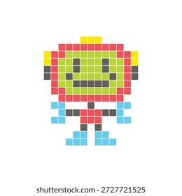 Um design de pixel plano feito de blocos de cores quadradas geométricas em um layout de ícone limpo. Adequado para elementos criativos modernos, itens isolados ou projetos de artesanato brilhante. Robô Pixel Art