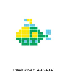 Um design de pixel plano feito de blocos de cores quadradas geométricas em um layout de ícone limpo. Adequado para elementos criativos modernos, itens isolados ou projetos de artesanato brilhante. Submarino Pixel art