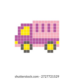 A flat pixel design made of geometric square color blocks on a clean icon layout. Suitable for creative modern elements, isolated items, or bright craft projects. Pixel art cargo truck