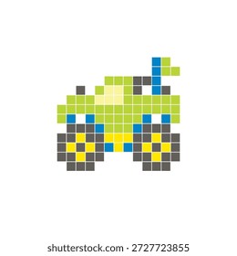 Um design de pixel plano feito de blocos de cores quadradas geométricas em um layout de ícone limpo. Adequado para elementos criativos modernos, itens isolados ou projetos de artesanato brilhante. Caminhão monstro arte pixel
