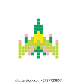 A flat pixel design made of geometric square color blocks on a clean icon layout. Suitable for creative modern elements, isolated items, or bright craft projects. Pixel art spacecraft