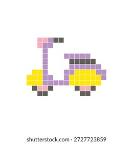 Um design de pixel plano feito de blocos de cores quadradas geométricas em um layout de ícone limpo. Adequado para elementos criativos modernos, itens isolados ou projetos de artesanato brilhante. Pixel arte scooter