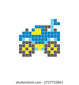 Um design de pixel plano feito de blocos de cores quadradas geométricas em um layout de ícone limpo. Adequado para elementos criativos modernos, itens isolados ou projetos de artesanato brilhante. Caminhão monstro arte pixel