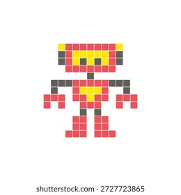 Um design de pixel plano feito de blocos de cores quadradas geométricas em um layout de ícone limpo. Adequado para elementos criativos modernos, itens isolados ou projetos de artesanato brilhante. Robô Pixel Art