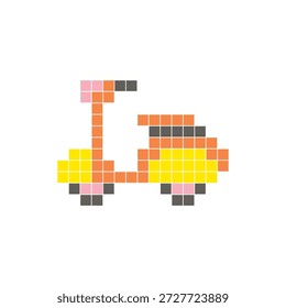 Um design de pixel plano feito de blocos de cores quadradas geométricas em um layout de ícone limpo. Adequado para elementos criativos modernos, itens isolados ou projetos de artesanato brilhante. Pixel arte scooter