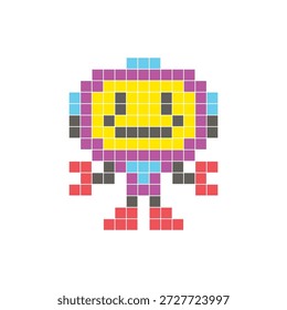 Um design de pixel plano feito de blocos de cores quadradas geométricas em um layout de ícone limpo. Adequado para elementos criativos modernos, itens isolados ou projetos de artesanato brilhante. Robô Pixel Art