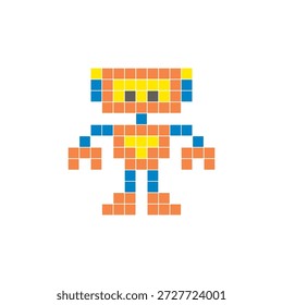 Um design de pixel plano feito de blocos de cores quadradas geométricas em um layout de ícone limpo. Adequado para elementos criativos modernos, itens isolados ou projetos de artesanato brilhante. Robô Pixel Art